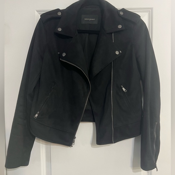 Banana Republic Factory black Faux Suede vegan leather short biker Jacket S - Picture 12 of 16